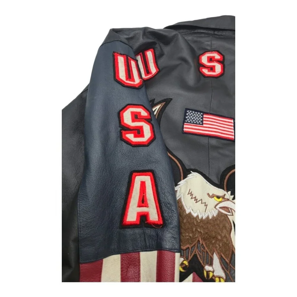 American Leather Jacket Men 2XL Multicolor USA Flag Eagle Bomber Biker Oversized - Picture 13 of 16